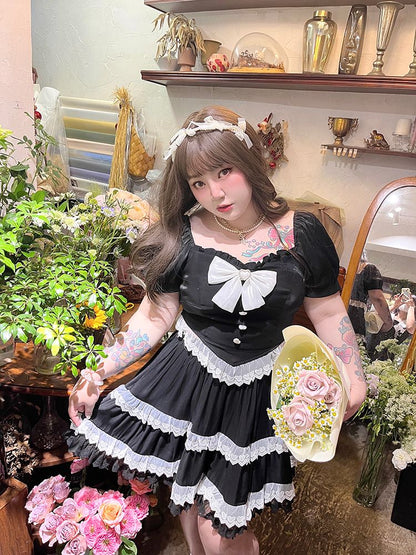 Plus Size-Black Puff Sleeves Blouse + Tiered Skirt and Flounce Hem Skirt