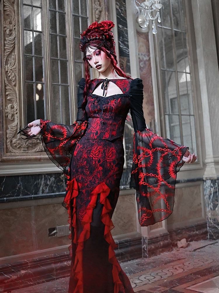Romantic Goth Jacquard Mermaid Skirt Cascading Ruffle Trim Vampire Outfits