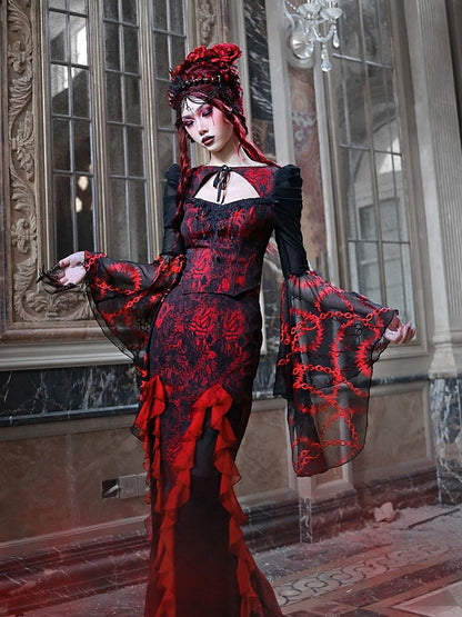Romantic Goth Jacquard Mermaid Skirt Cascading Ruffle Trim Vampire Outfits