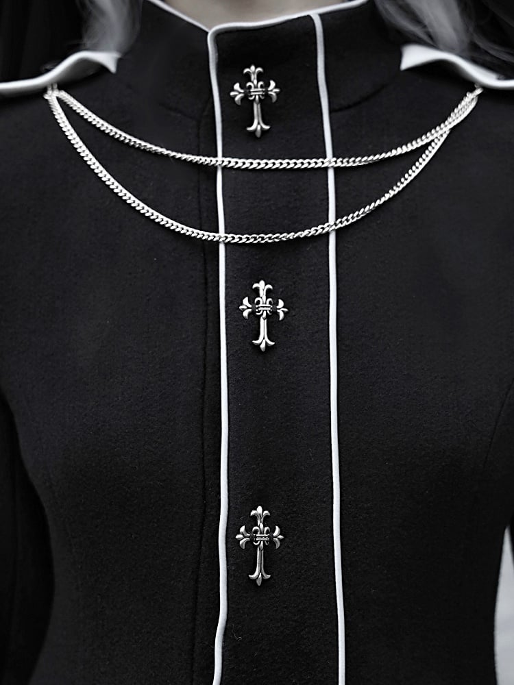 Black and White High Neck Metal Cross Decorated Gothic Woolen Coat