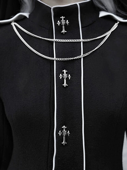 Black and White High Neck Metal Cross Decorated Gothic Woolen Coat