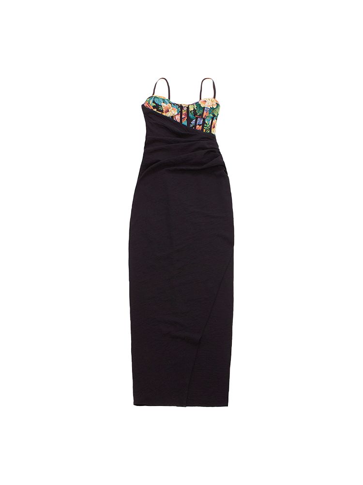 Floral Print Bodice Black Thigh-high Slit Vintage Slip Dress with Underwire Cups