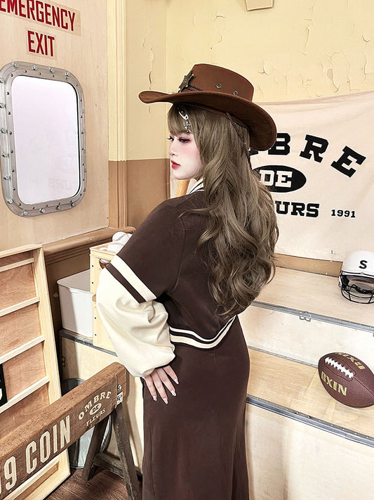 Plus Size - Dark Brown Cropped Baseball Jacket