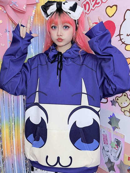 Blue/Yellow Big Eyes Cartoon Print Hoodie