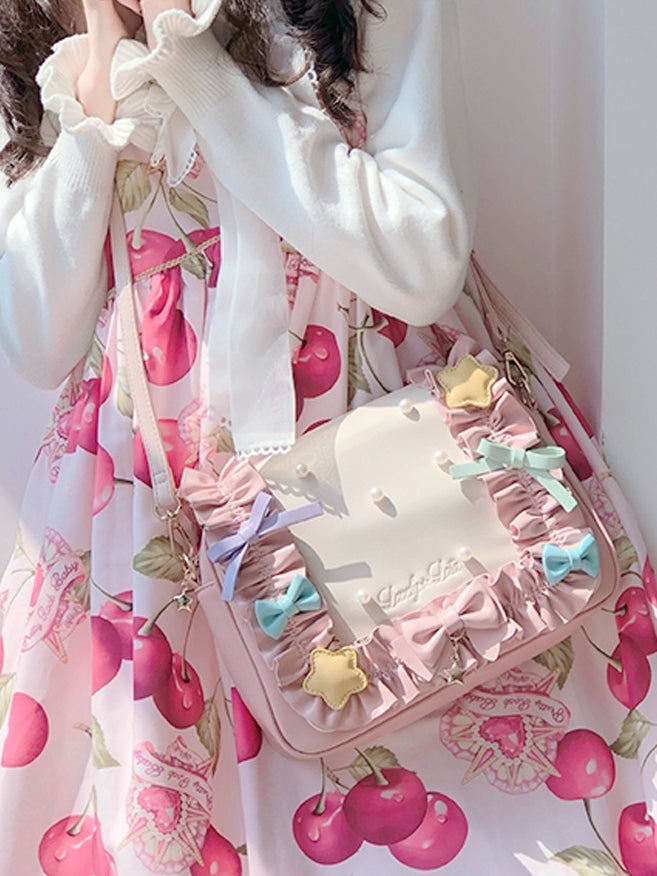 Fold-over Flap Creamy Dots Bowknots Shoulder Bag